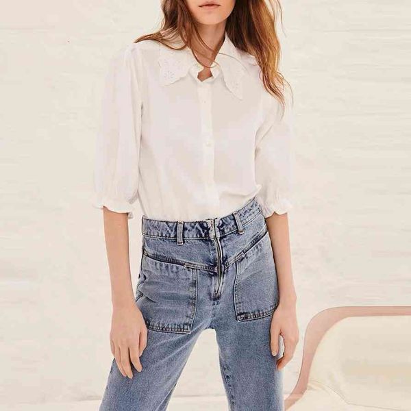

women's blouses & shirts 2021 novel french summer round neck white shirt women's soft 100% cotton blouse