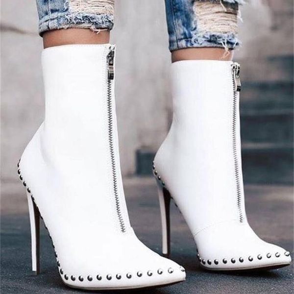 

boots high thin heels women female ladies rivets ankle pointed toe zippers boot designer shoes zapatillas mujer, Black