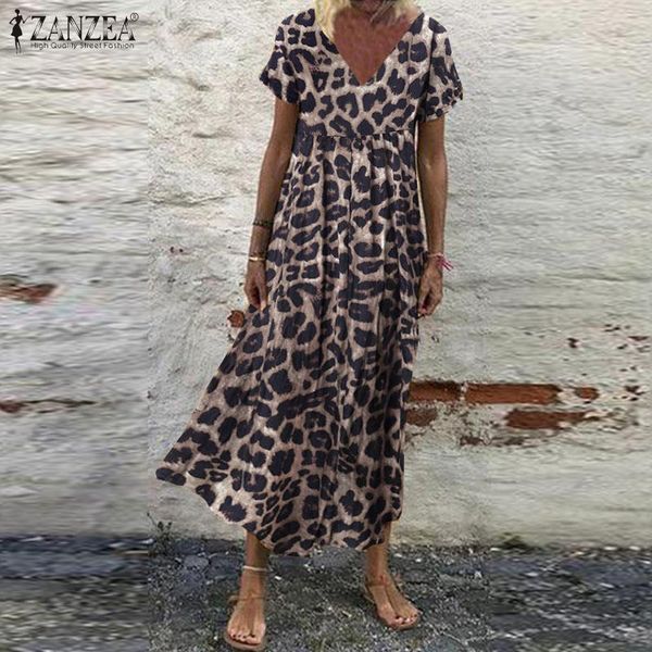 

party dresses leopard printed dress women's summer sundress zanzea 2021 casual short sleeve maxi vestido female v neck robe oversized, White;black