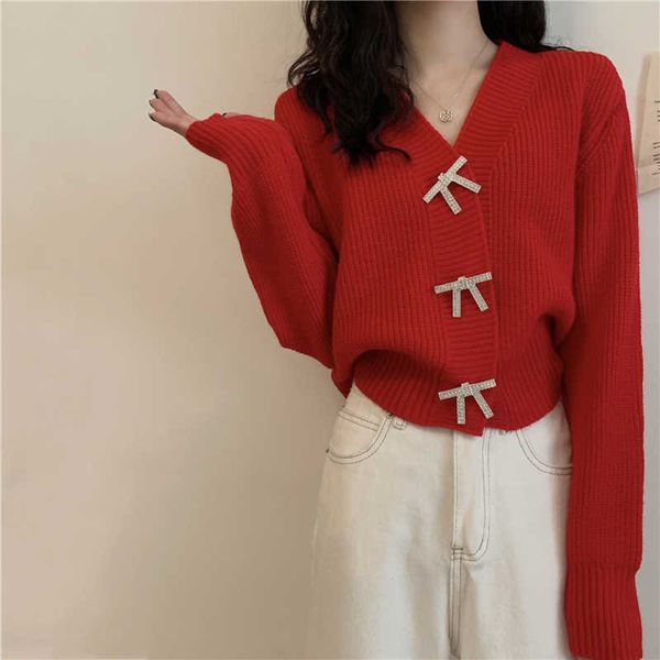 Camisola Outono V Neck Completa Red Red Cardigan Cardigan Slim Outfits Bow Diamante Único Breasted Knitwear Top Jumpers Retro Coreano 210610