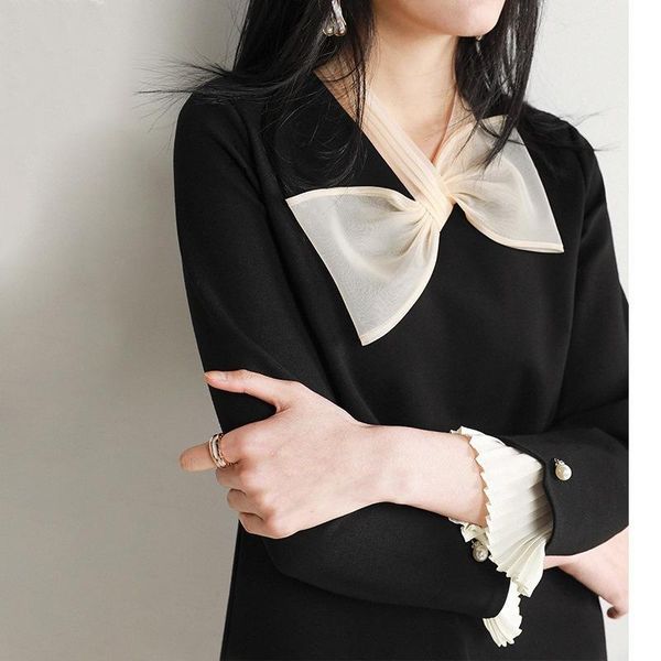 

casual dresses 2021 spring loose bow decoration for women long sleeve patchwork design dress elegant office lady vestido feminino, Black;gray