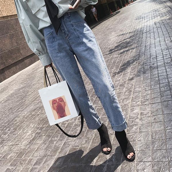 

women slim pencil pants vintage high waist jeans full length women's, Blue