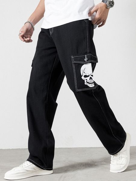 

men skull print flap pocket wide leg jeans u1be#, Blue