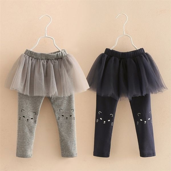 Primavera Autunno Corea 2-10 anni Bambini Pantaloni a figura intera Cartoon Cat Baby Bambini Culottes Gonna di pizzo Leggings Ragazze 210701