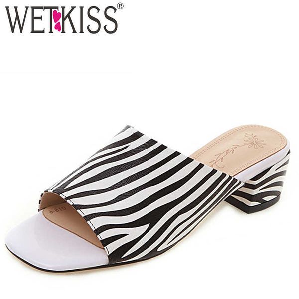 

wetkiss summer women slides shoes female stripe slippers women thick med heels mules shoes open toe shoes lady white 210630, Black