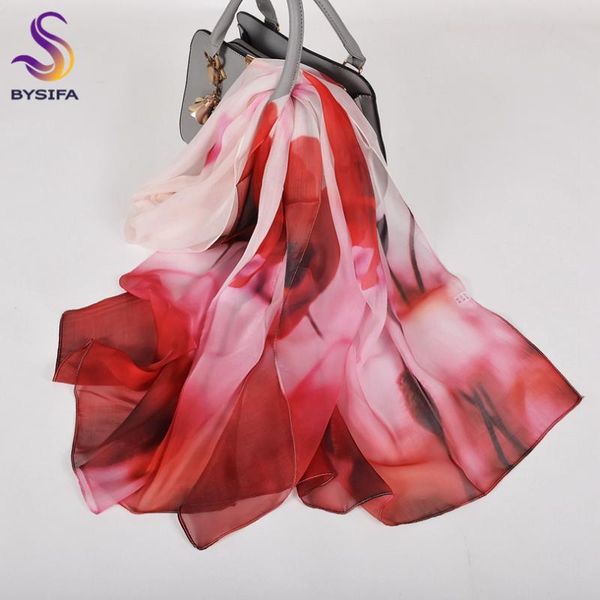 

scarves [bysifa] red 100% natural silk chiffon scarf shawl printed fashion women hijabs autumn winter long, Blue;gray