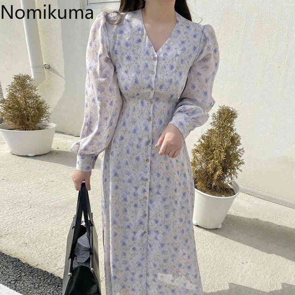 

nomikuma korean elegant dress women arrival robe femme v neck long sleeve floral printed dresses single breasted vestidos 210514, Black;gray