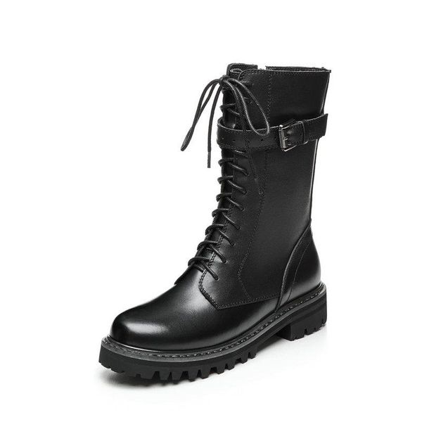 

boots 2021 women solid genuine leather mid-calf fashion ladies motorcycle party shoes woman platform, Black