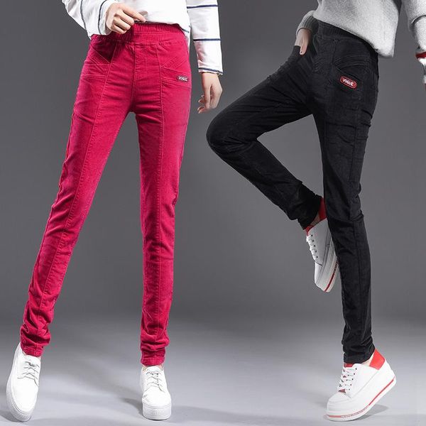 

women's pants & capris autumn high waist corduroy trousers women pencil solid for elastic, Black;white