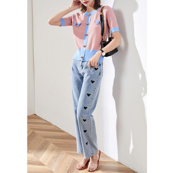 

women's two piece pants 2021 summer fashionable age reducing nail diamond contrast knitted shirt and love jeans suit women 2 set, White