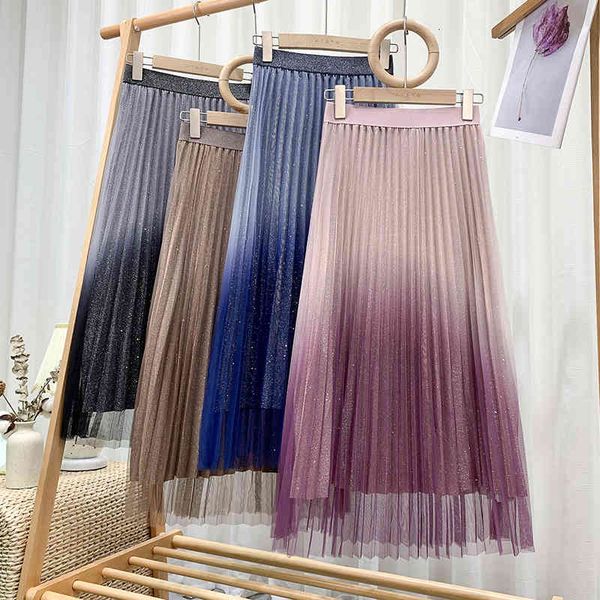 

skirts croysier high waist mesh tulle fashion women clothing glitter gradient pleated skirt midi long skirts womens summer, Black