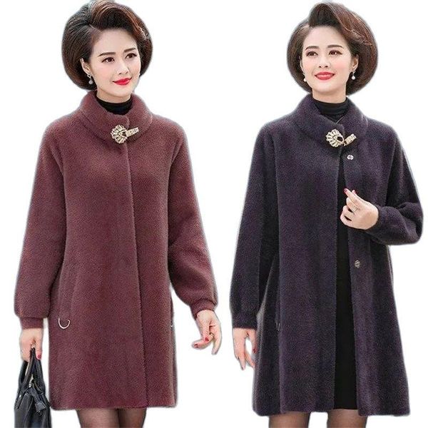 

women's wool & blends long mink fleece jacket women's 2021autumn winter loose large size temperament woolen coat mother casaco femi, Black