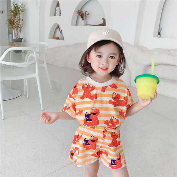

clothing sets 2021 summer cute children clothes set korean style cartoon striped short sleeve kids outfits, White