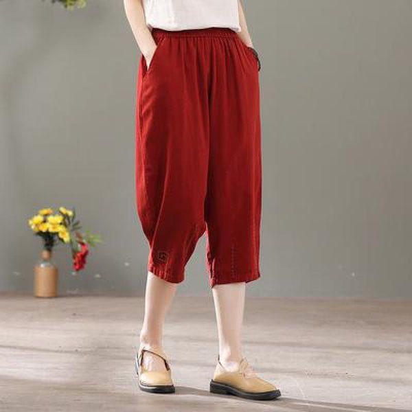 

women's pants & capris 2021autumn loose literary retro simple solid cropped trousers casual elastic high waist slim women harem, Black;white