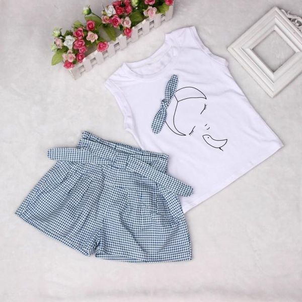 

clothing sets telotuny children's kids girls cute bowknot girl pattern sleeveless t-shirt +plaid shorts 2pcs set, White