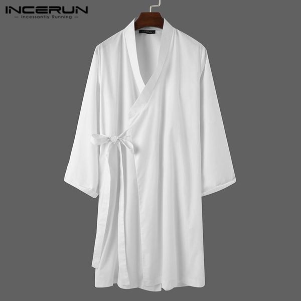 

solid color men casual shirt v neck long sleeve loose japanese style kimono lace up vintage shirts men's, White;black