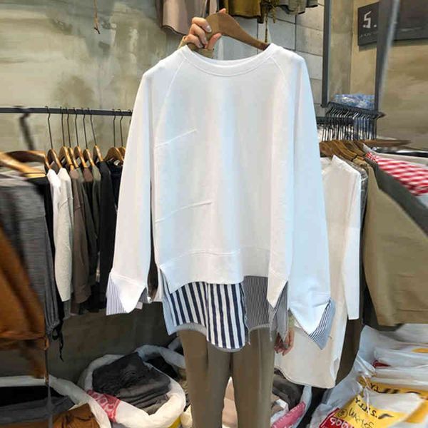 

striped spliced shirt fake two fall new all match full o neck sweatshirt women 210421, Black