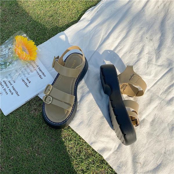 

chunky sandals 2021 female summer fairy style vintage student with skirt mary jane roman shoes platform, Black