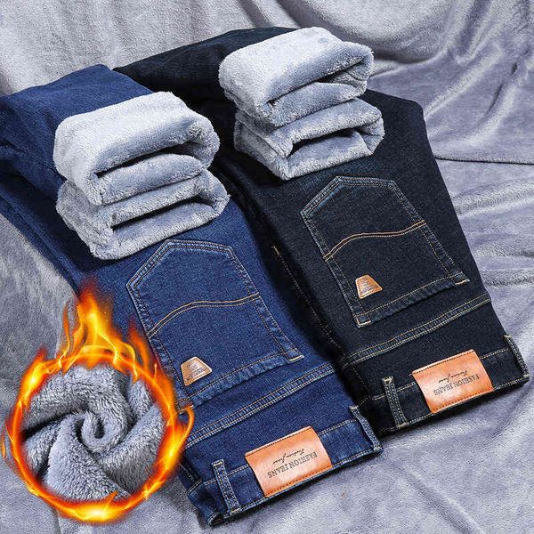 

plush thickened jeans men's slim straight cotton elastic black winter warm casual pants men, Blue