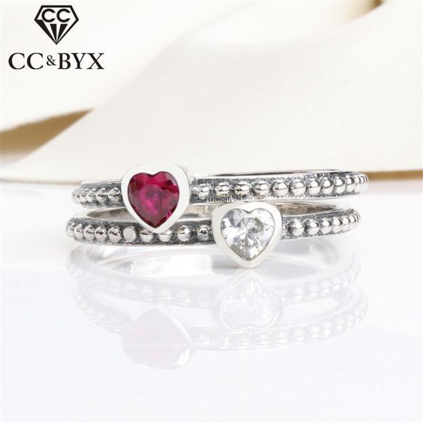 

wedding rings s925 for women vintage jewelry silver color heart white/red cubic zirconia oxidized black ring party bijouterie 1511, Slivery;golden