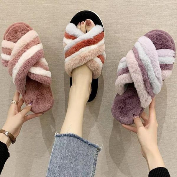

open toe women slippers 2021 mixed colors cross plush female house soft bottom non-slip winter shoes xx524, Black