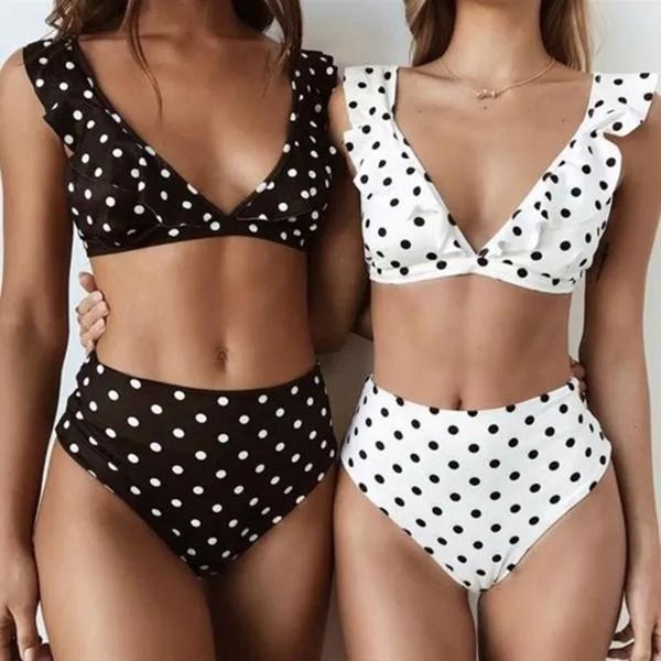 Damenbadebekleidung Tiefer V Sexy Bikini Weibliche Schwarz Weiß Polka Dot Badeanzug Rüschen Frauen Monokini Gepolsterte Badeanzüge Beachwear