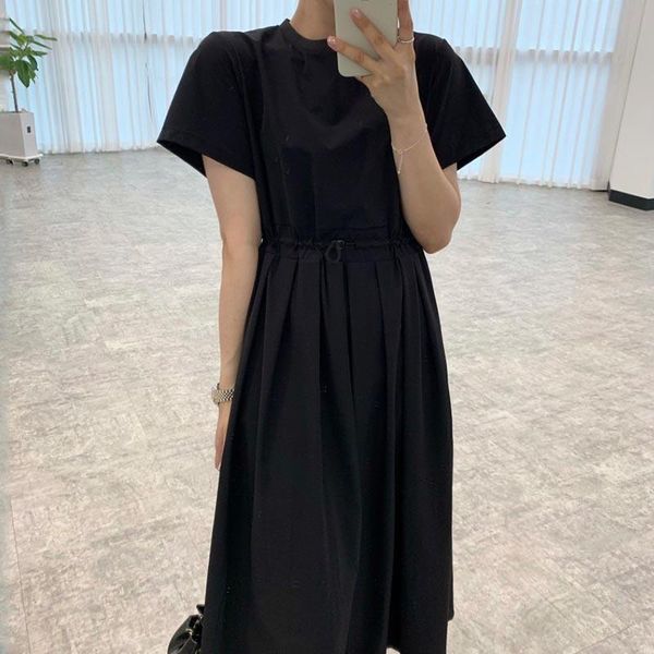 

casual dresses [ewq] women black minimalist niche o-neck solid color drawstring waist pleated design short-sleeved dress loose fashion 16f08, Black;gray