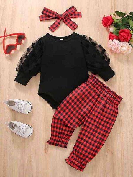 

baby contrast mesh bodysuit & gingham paperbag pants & headband she, Blue