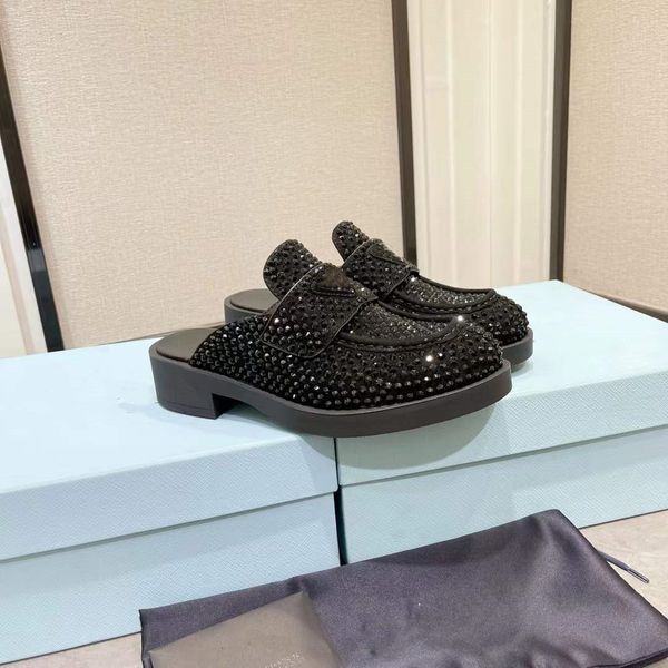 

2022 new classic thick-soled muller slippers rhinestone loafers imported from yangjing with full-drilled uppers size35-41, Black