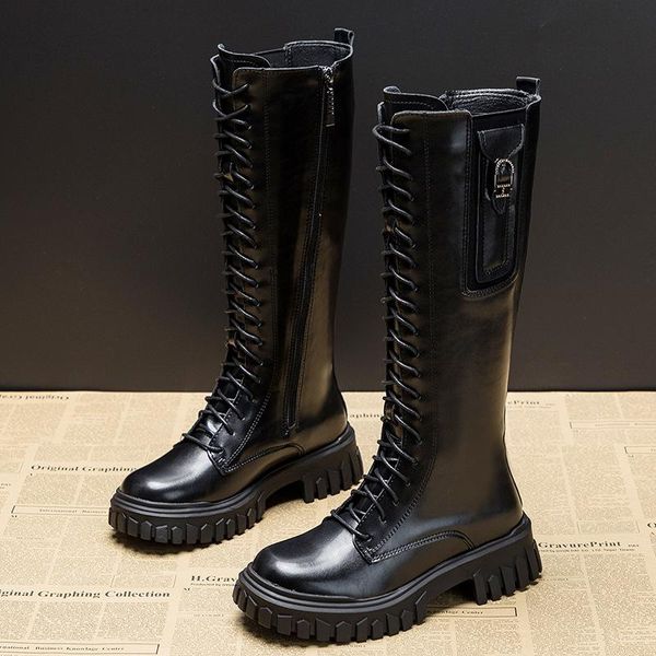 

boots long knight black 2021 british style net red women's thick-soled riding high knee-length