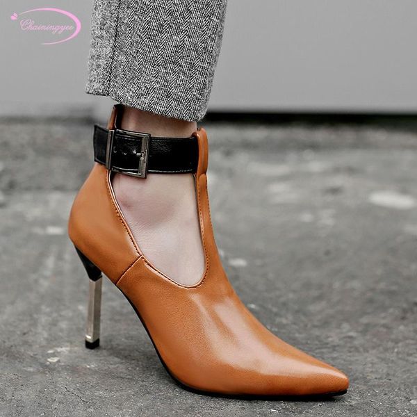 

european street style pointed toe summer ankle boots fashion black brown stiletto high-heeled women's riding big size sandals
