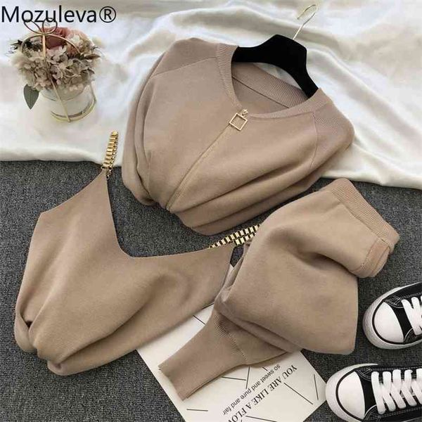 

mozuleva women autumn winter knitted vest zipper cardigans pants 3pcs sets tracksuits outfits 210819, White