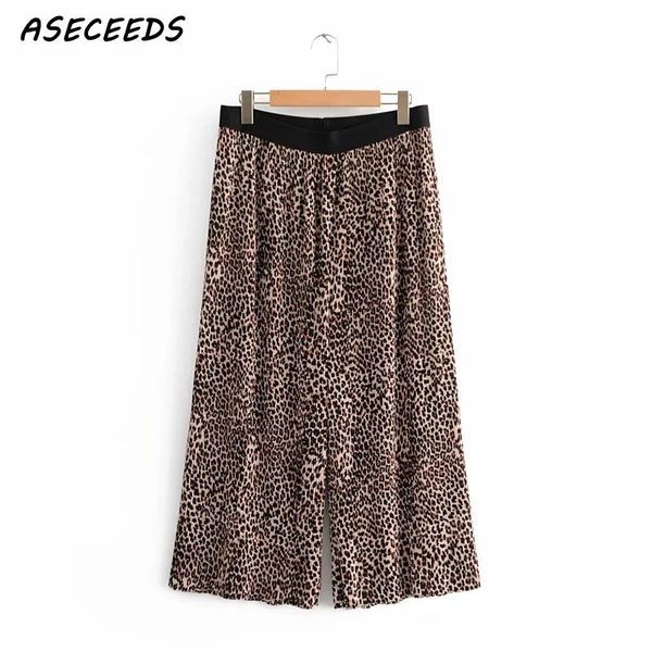 

women's pants & capris summer vintage boho elastic wide leg trousers women leopard print pleated loose korean fashion clothes 2021, Black;white