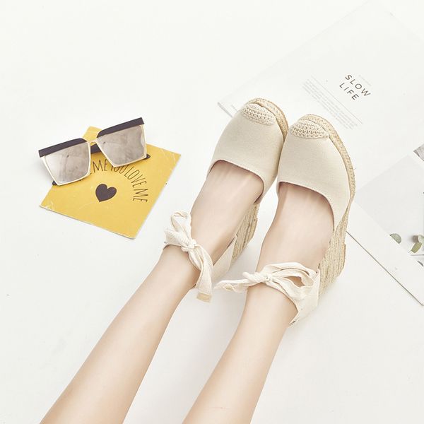 

woman summer ladies weave sandals wrap female women's wedges women high heels ankle round toe solid footwear plus size, Black
