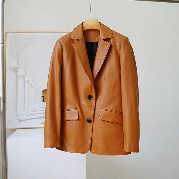 

women's wool & blends oftbuy 2021 spring autumn casual women real genuine sheepskin leather jacket coat turn down collar single breaste, Black