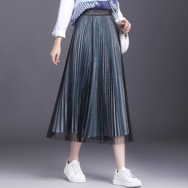 

skirts luxury quality women's high waist women fashion pleated mesh lurex long skirt, Black