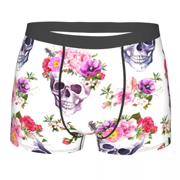

underpants boxershorts men comforable panties set watercolor human skulls with flowers underwear man boxer, Black;white