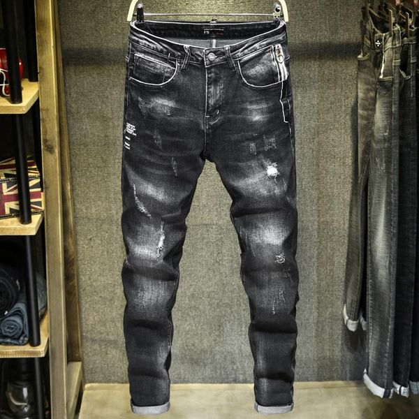 

men's jeans 2021 autumn winter brand black classic style zipper frayed young fashion slim cotton stretch, Blue