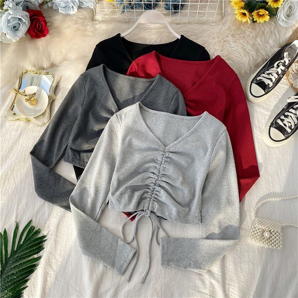

v-neck drawstring sweater autumn long sleeve black/red/grey slim knitted shirt female short pullover fashion jumper 210426, White;black
