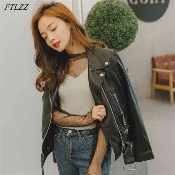 

spring autumn fashion women black pu leather jacket short coat slim outwear faux motor jackets with belt 210430