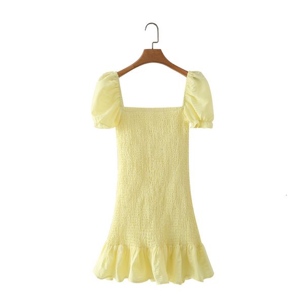 

2021 summer rubbery yellow woman sweet square collar girls textured feminine puff short sleeve dress, Black;gray