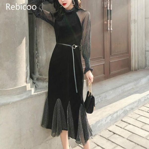 

casual dresses women dress o-neck long lantern sleeve mesh slim maxi spring autumn office lady elegant, Black;gray