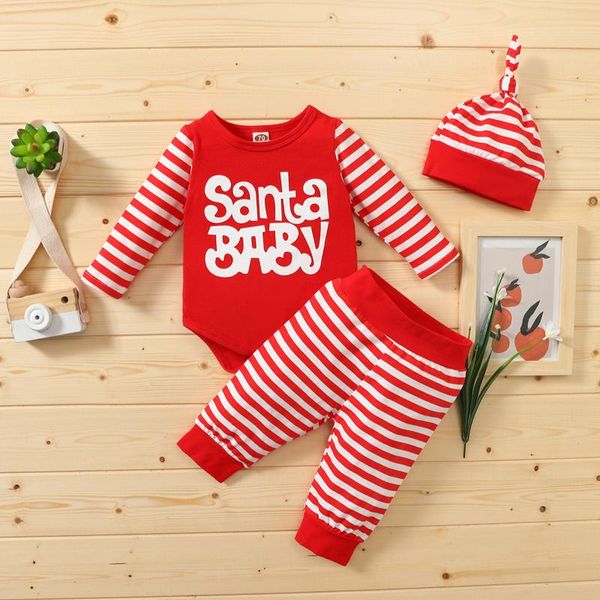 

clothing sets christmas 3pcs children clothes born baby cartoon print patchwork romper bodysuit+striped pants set, White
