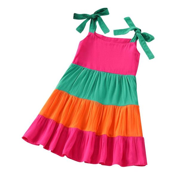 

girl's dresses 2022 2-7y boho kids baby girls dress summer pink patch square collar bandage loose zipper pocket pleated dresss spring f, Red;yellow