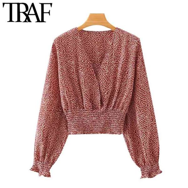 

women fashion floral print cropped blouses vintage v neck long sleeve elastic hem female shirts chic 210507, White