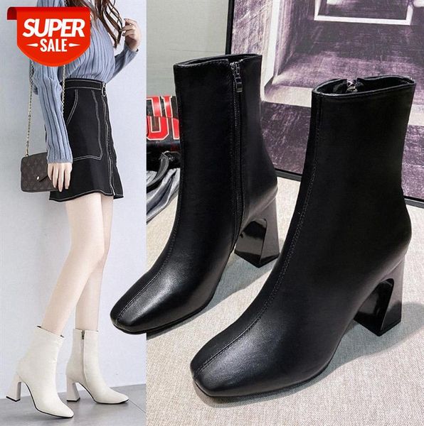 

mid-tube boots women's net red was thin patent leather plus velvet warm martin square head thick heel side zipper high-heeled fashion #