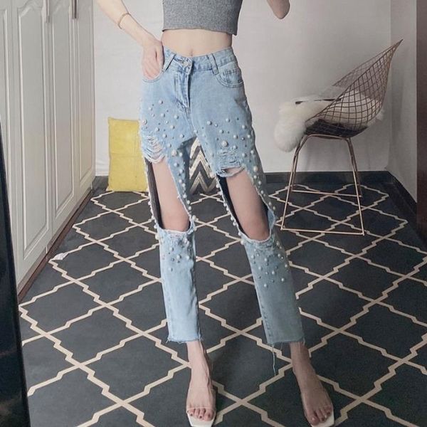 

women's jeans ripped beading women streetwear high waist pants vintage clothes korean fashion vaqueros denim trousers pantalones mujer, Blue