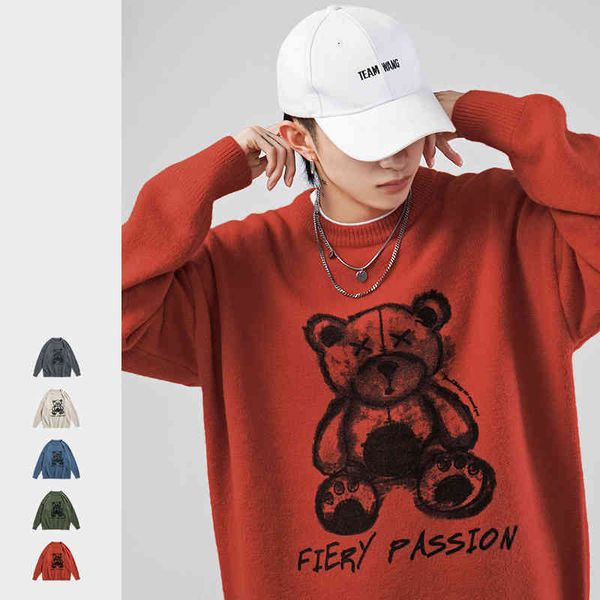 

anime hip hop cartoon bear sweater men winter women clothing casual fashion harajuku streetwear knitted pullover oversized coat, Black