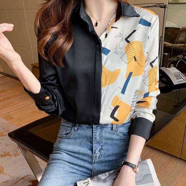 

casual dresses long sleeved chiffon women's spring 2022 contrast stitching shirt satin top, Black;gray