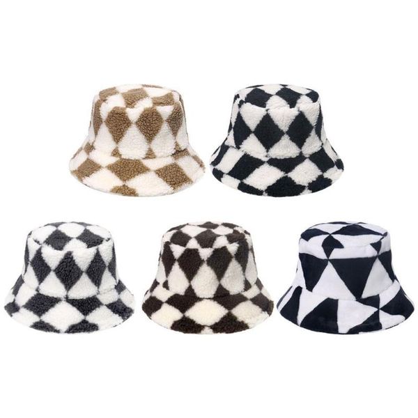 

wide brim hats bucket hat women imitation lamb wool fluffy girl boys autumn winter outdoor travel plaid print warm protection fisherman cap, Blue;gray